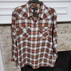 Old navy pearl snap orange‎ plaid vintage men's shirt size XL